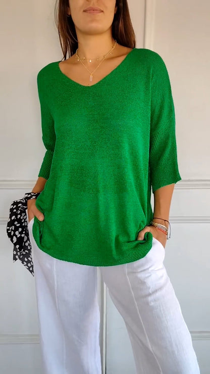 Kinsley - Plain-coloured knitted top with V-neckline